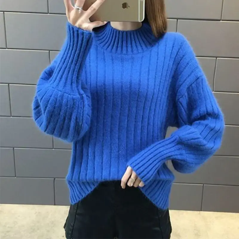 

Autumn Winter Women's Long Sve Knitted Sweater f High Collar Overhead Lantern Sve Base Layer Top Ci Walk Suitable