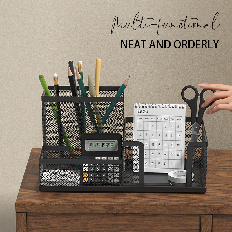  Mesh Desk Organizer Office Supplies Caddy with Pencil Holder and Storage Baskets for Desktop Accessories, 3 Compartments, Black 