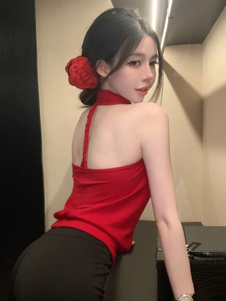 

Red Pure Desire Style Women's Short Crop Top Halter Neck Vest Slimming Summer Fashionable Breathable Skin-friendly Citywalk