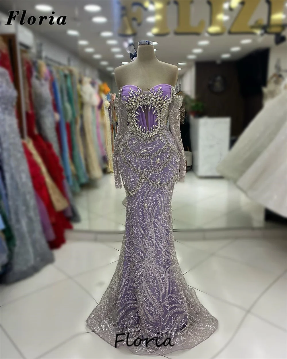 Purple Off Shoulder Celebrity Dresses Dubai Coutures Long Sleeves Middle East Evening Dress Crystals Beaded Wedding Party Dress