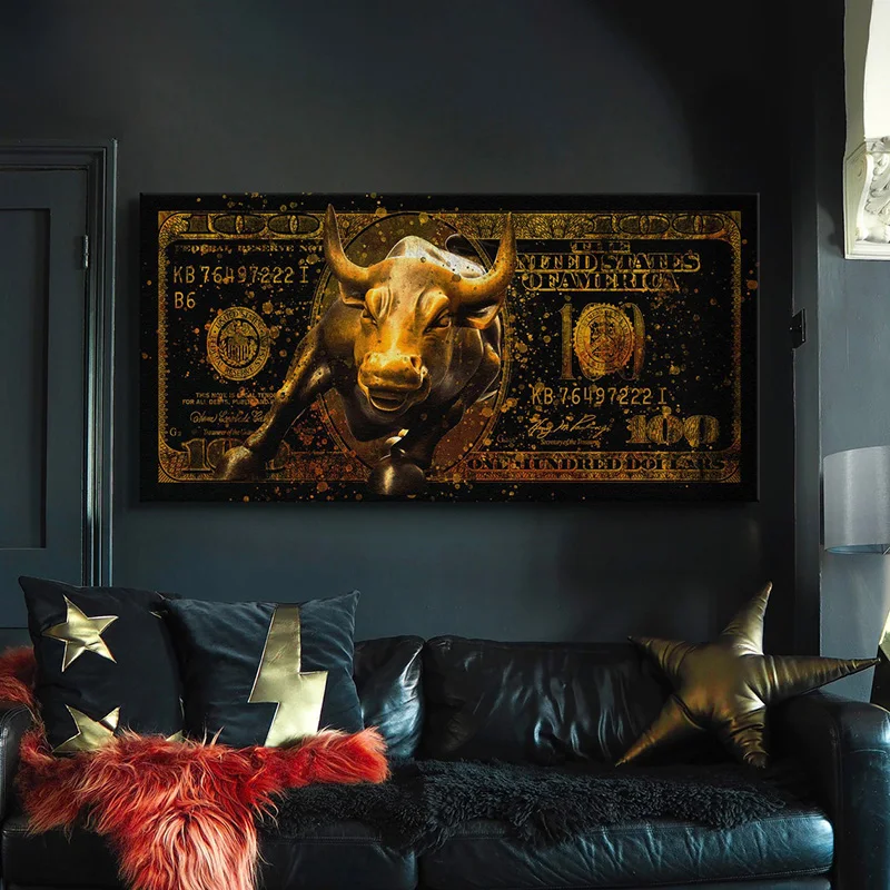 Charging Bull Street Poster Candles Stock Market Wall Picture, Canvas Print, Successful Success, Office Decor Painting