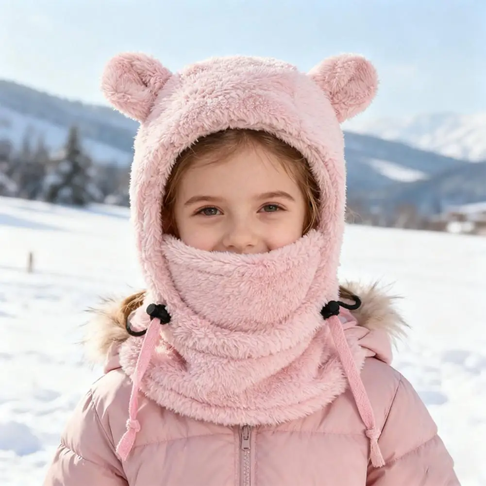 Lightweight Kids Hat Kids Ski Hat with Bear Ear Decor 3-in-1 Windproof Fleece Face Guard Scarf Adjustable Weather Headgear Neck