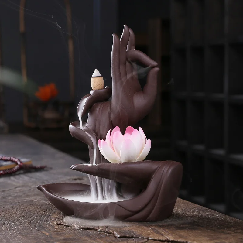 

Creative Ceramic Purple Sand Incense Burner Zen Buddhist Hand Backflow Censer Lotus Dragon Shape Incense Stove Home Decorations