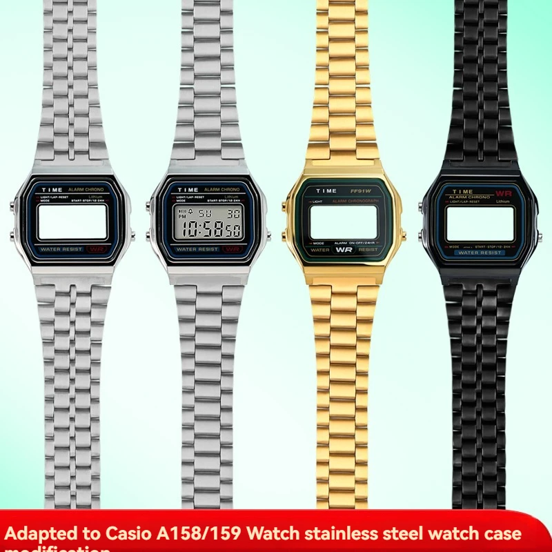 Stainless Steel Metal Bezel Case + Strap Kit for Casio F91W/A158/A159–Custom Replacement Watch Band & Tools (Silver/Black/Gold)