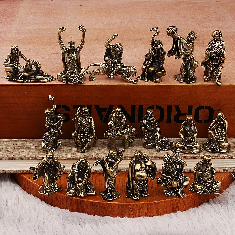 Brass Eighteen Arhat Buddha Statue Set, Dragon-Slaying and Tiger-Taming Arhat, Chinese Style Wealth-Attracting Creative Desktop