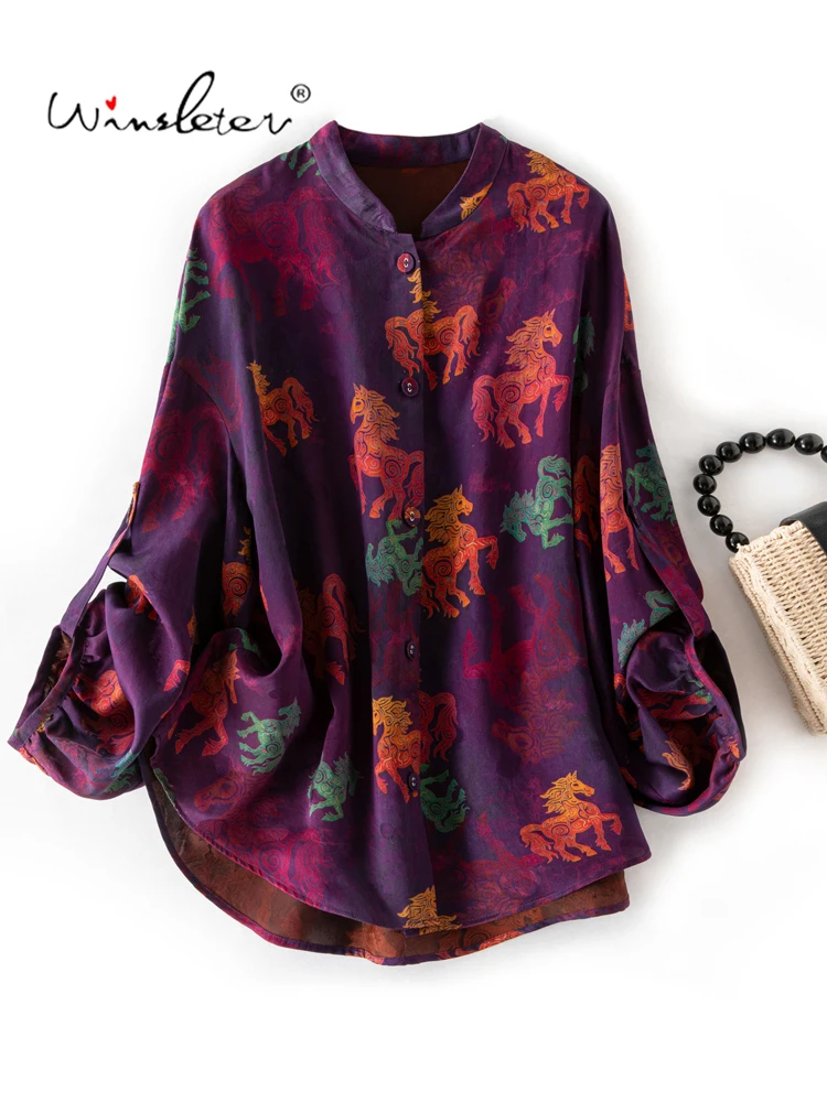 

Winsleter-100% Silk Watered Gauze Elegant Shirt, Stand Print, Woman Retro Temperament Loose Blouse, 2025 Winter New T5D311CC