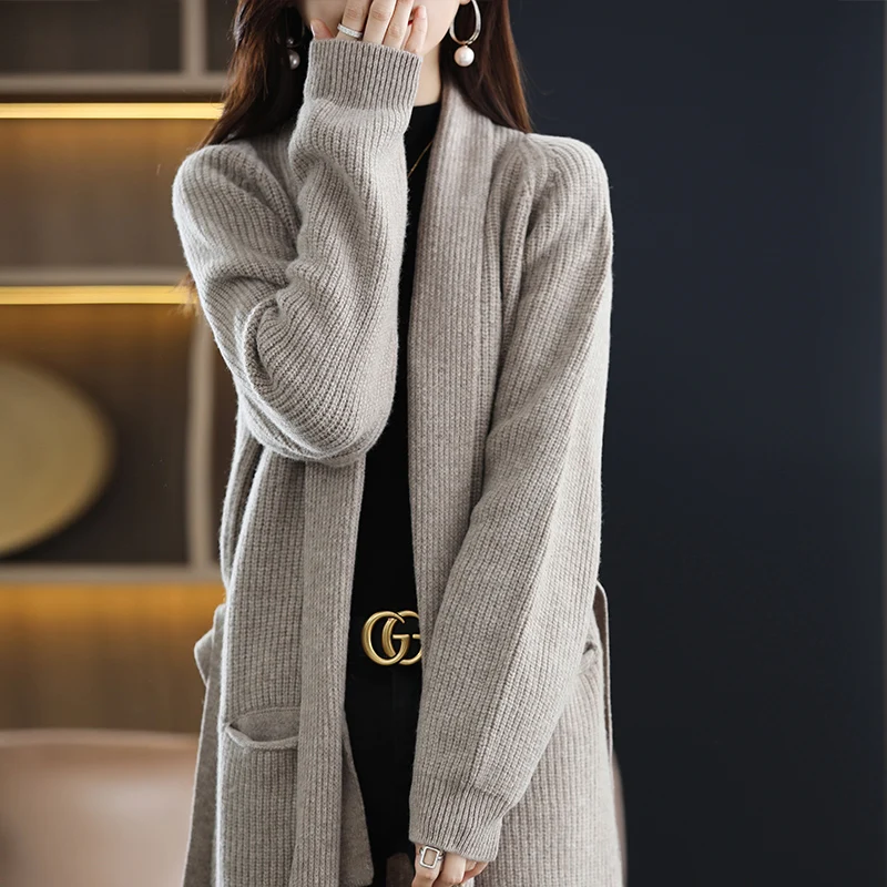 Autumn Winter New 100% Wool Cardigan Women\'s Solid Color Thicken Sweater Warm Fashion Long Cardigans Female Long Sleeve Coat