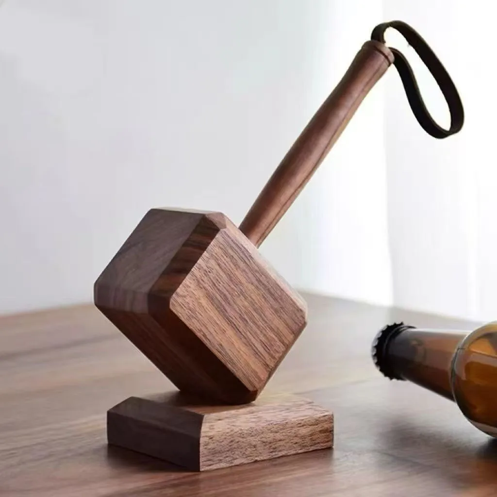 Thor Hammer Bottle Opener Wooden Magnetic Base With Leather Strap Decorative Desktop Ornament For Home Bar Kitchen Beer Lovers