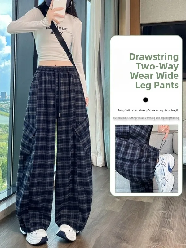 

Retro American Plaid Work Pants Women's High Waist Casual Wide Leg Sports Two-Way Wear Autumn New Design Trendy Trousers