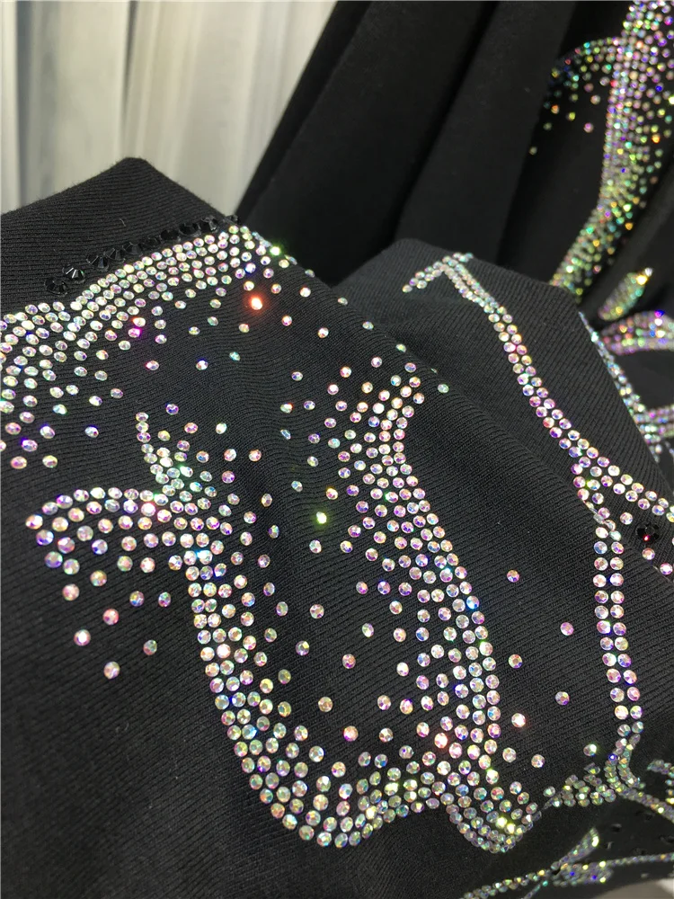 Cute Cartoon Rhinestone Hoodies Autumn Winter Mid-Length Cotton Sweatshirts Versatile Slimming Hooded Top For Women's Black Coat