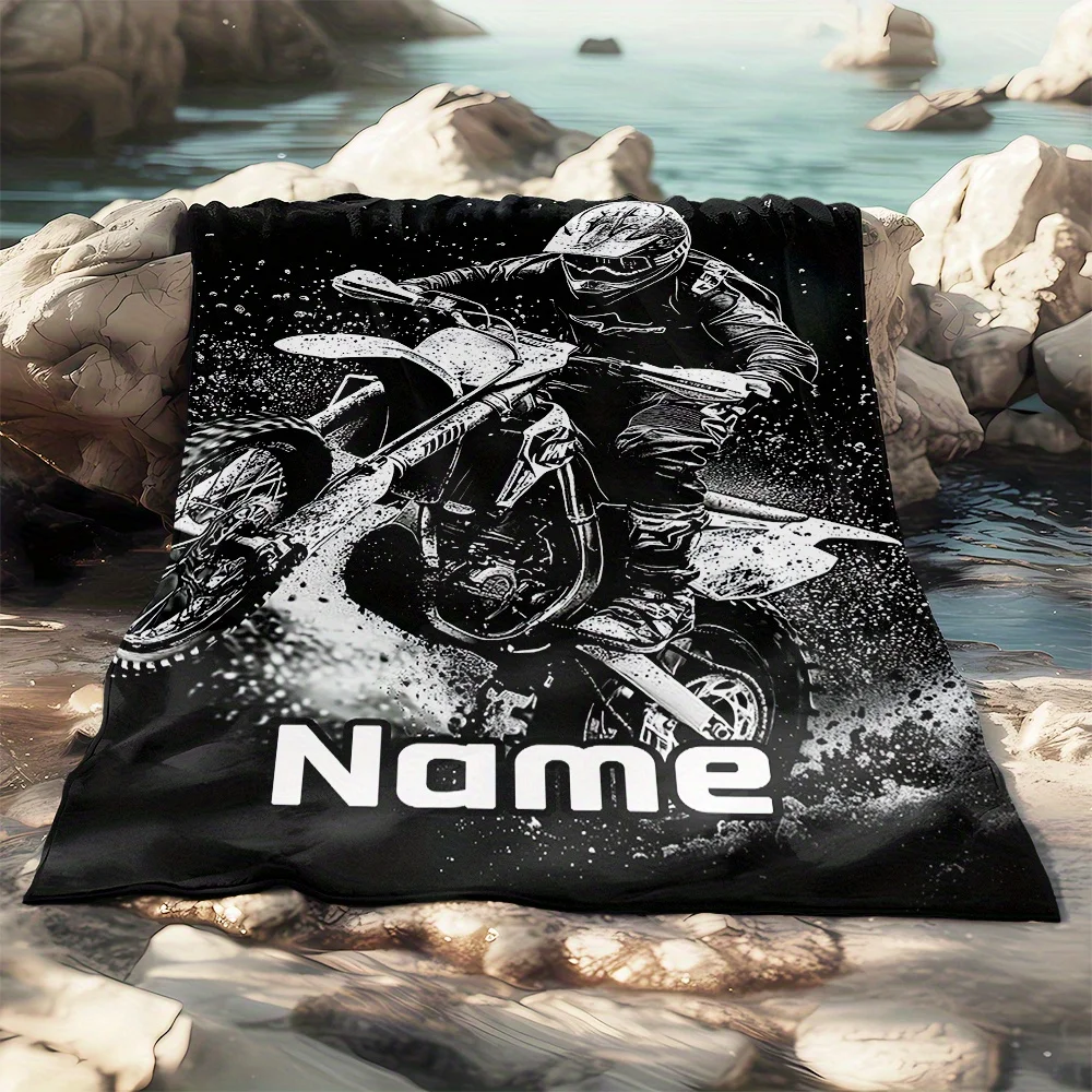Personalized Motocross Blanket Name Black White Rider Design Soft Fleece Throw Motorcycle Gift Outdoor Decor