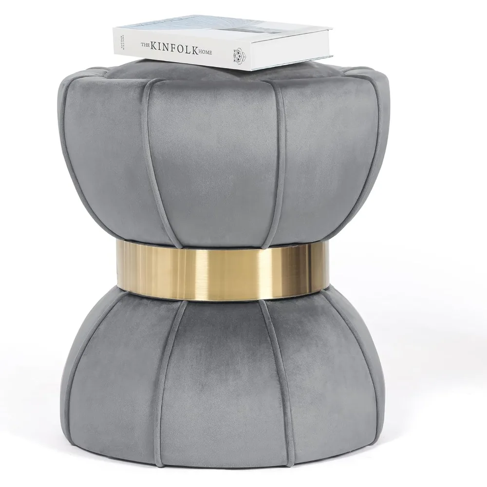 

Round Velvet Ottoman with Gold Metal Band, Modern Circle Upholstered Foot Rest Stool Vanity Pouf Footstool for Dorm, Living Room