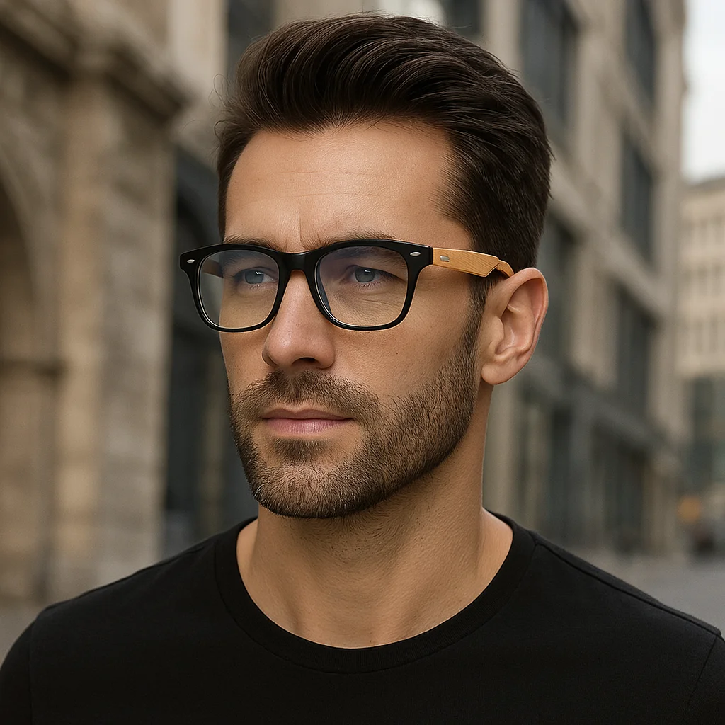 1 Stück Holz, quadratisch, modische Brille, Retro-Anti-Blau-Farbtöne mit klaren Gläsern, leicht, Vollrand, für Herren und Damen, Brillenzubehör