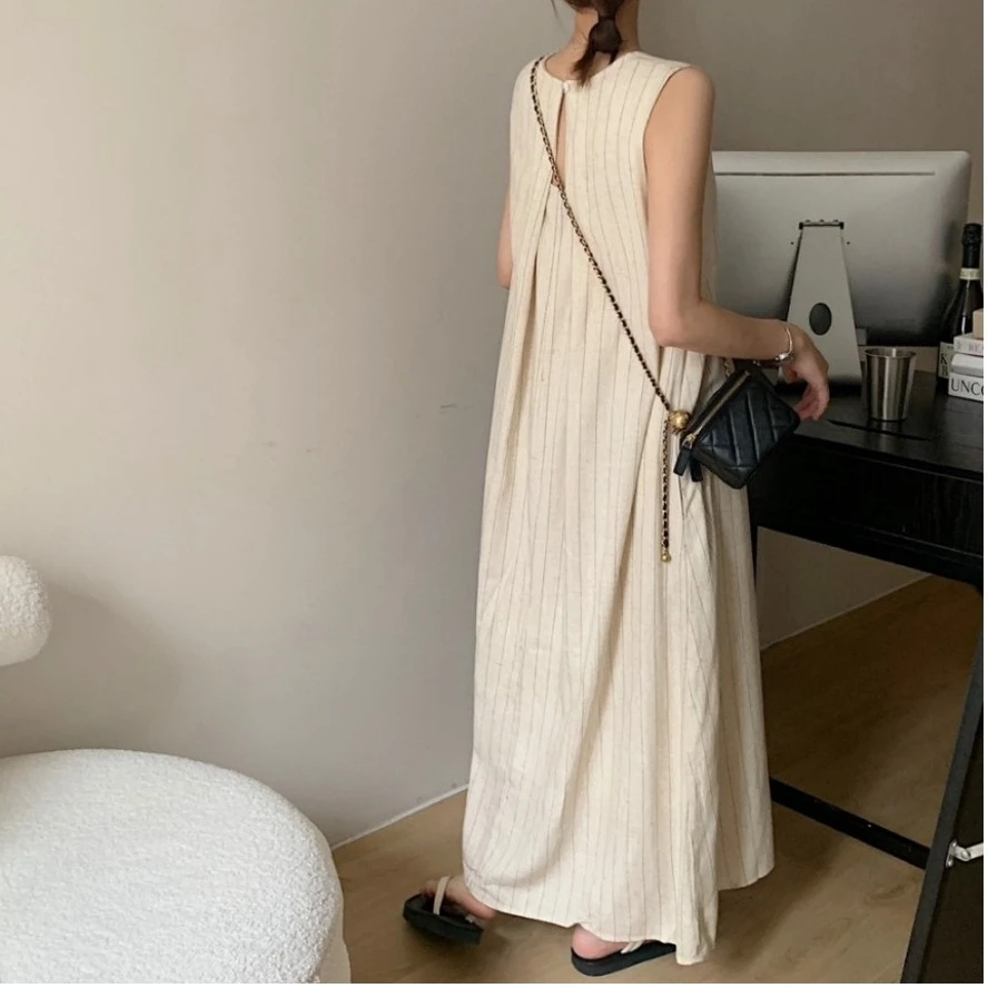 REALEFT Summer High Waist Vintage Striped Cotton and Linen Women's Tank Long Dresses 2025 New Sleeveless Casual Loose Dresses