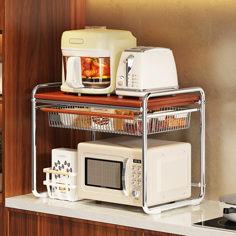 

Medieval kitchen rack countertop double-layer microwave oven rice cooker storage oven bracket drawer type