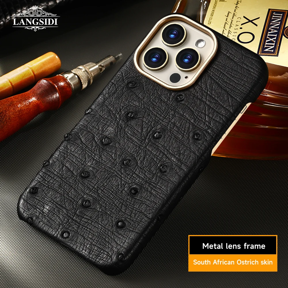 

LANGSIDI Genuine Ostrich Crocodile Leather for Magsafe Case for iPhone 16Pro 14 16 Pro Max 15Pro Luxury Magnetic Back Cover