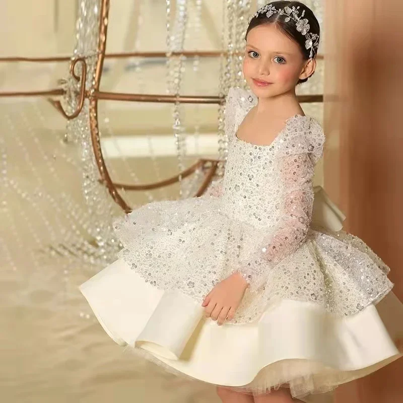 White Glitter Illusion Lush Girl Party Dresses Layers Puffy Girl Princess Dress Shiny luxurious Birthday First Communion Dresses