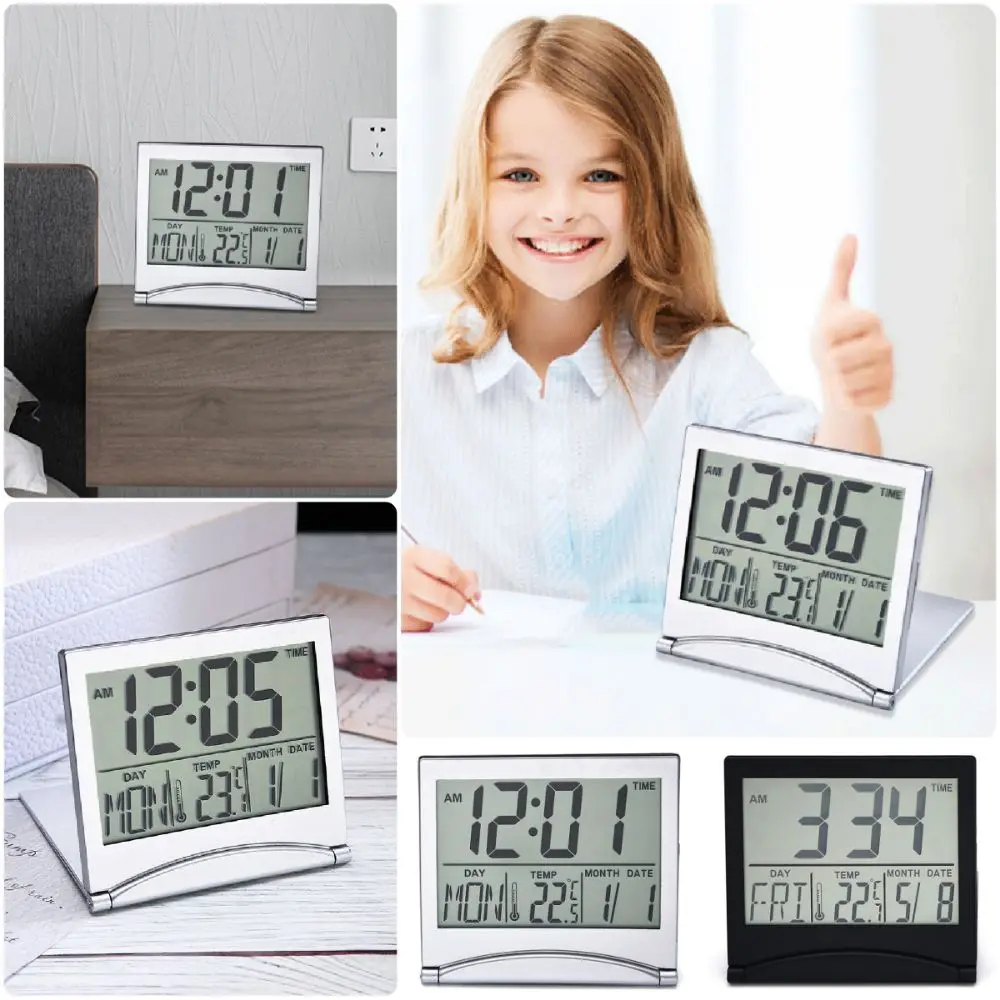 Black White Desk Alarm Clock Electronic Timer Countdown Compact Alarm Clock Foldable Design Large Screen Calendar Clock
