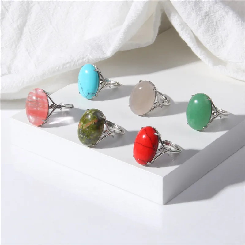 Naturalny kamienny koralik Cabochon pierścień 13*18mm różowy kwarcowy Agat Unakite regulowane pierścienie moda kobieta pierścień dla kobiet biżuteria