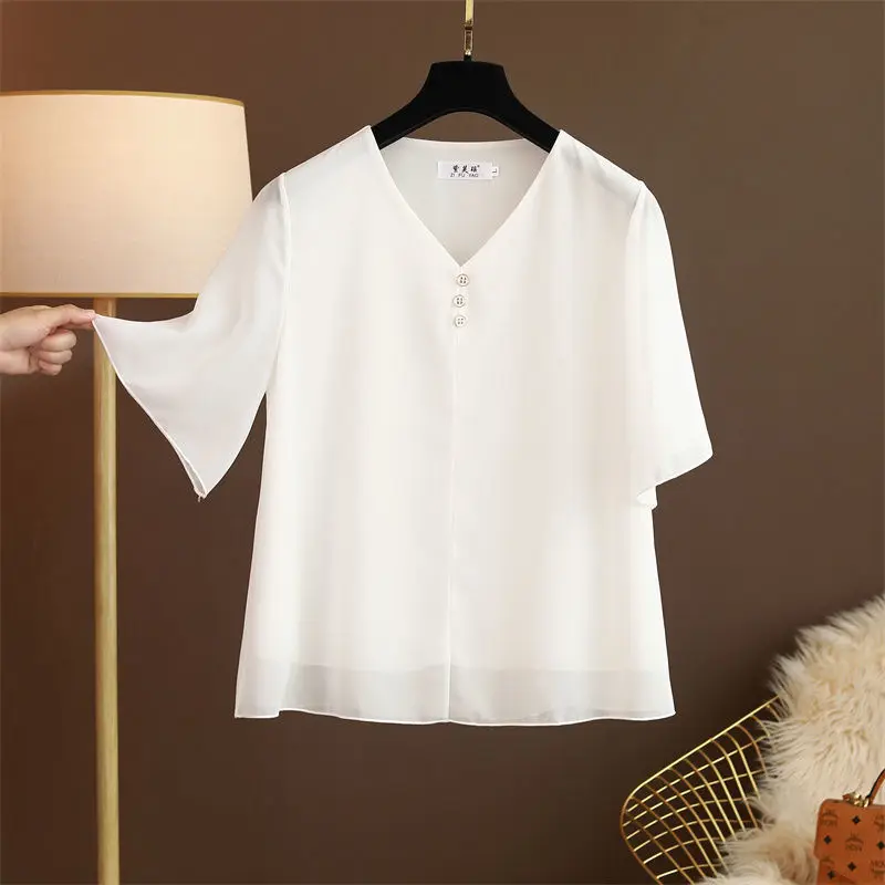 Big Size New Women Loose Chiffon T-shirt Summer Short Sleeve Female Clothing Elegant Vintage All-match V-Neck Thin Pullover Tops