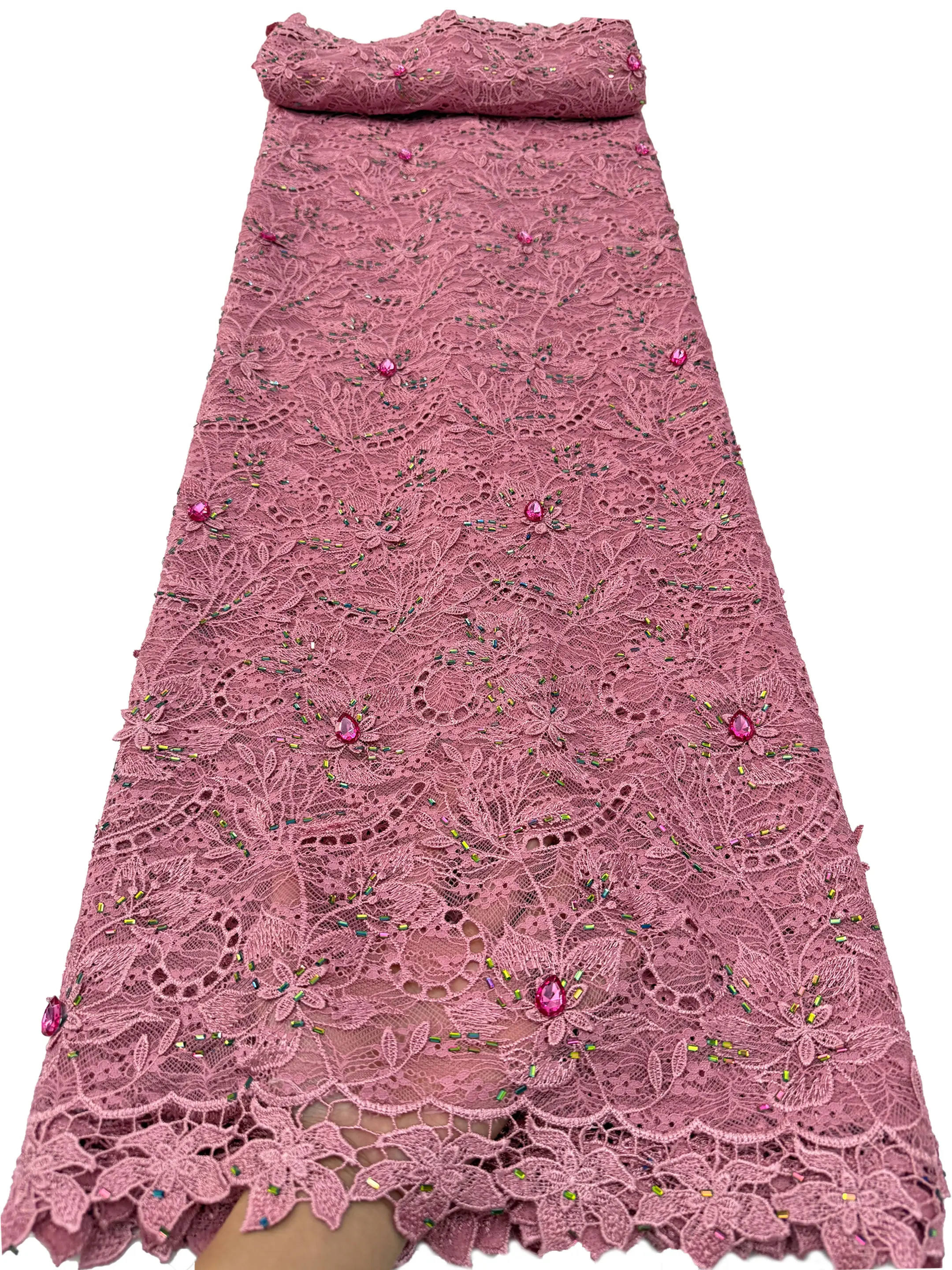 

High Quality African Guipure Cord Lace Fabric Water Soluble French Style 3D Rhinestones Nigerian Design For Women Dress Sewing