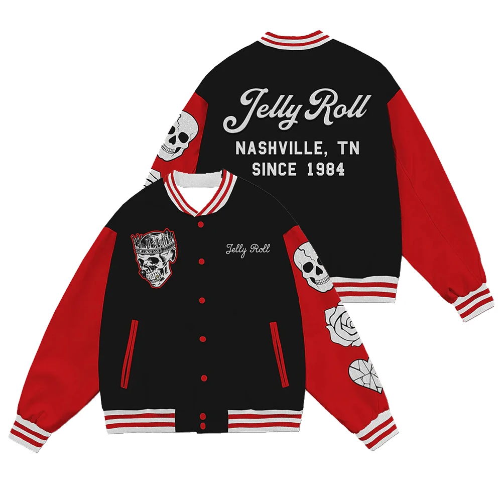 

Jelly Roll Skull Letterman Jacket 2023 Backroad Baptism Tour Merch Baseball Button Uniform Sweatshirt