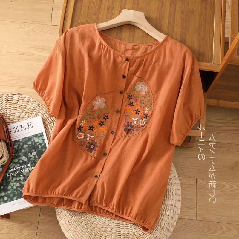 Chemises d'été pour femmes, haut en coton et lin brodé de fleurs, chemisiers amples décontractés à manches courtes, chemise blanche, manteau Cardigan