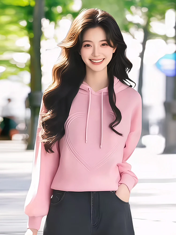

Новая розовая толстовка 2026 года: женский модный корейский дизайн, стильный топ, осенне-зимняя одежда, повседневный свободный крой, свитшот с длинными рукавами