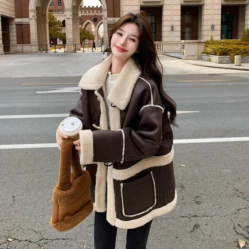 

Women's Lamb Jacket Hot Sale Of The Season Winter New Hong Kong Style Retro Horned Buttoned Faux Leather Fur Integr...