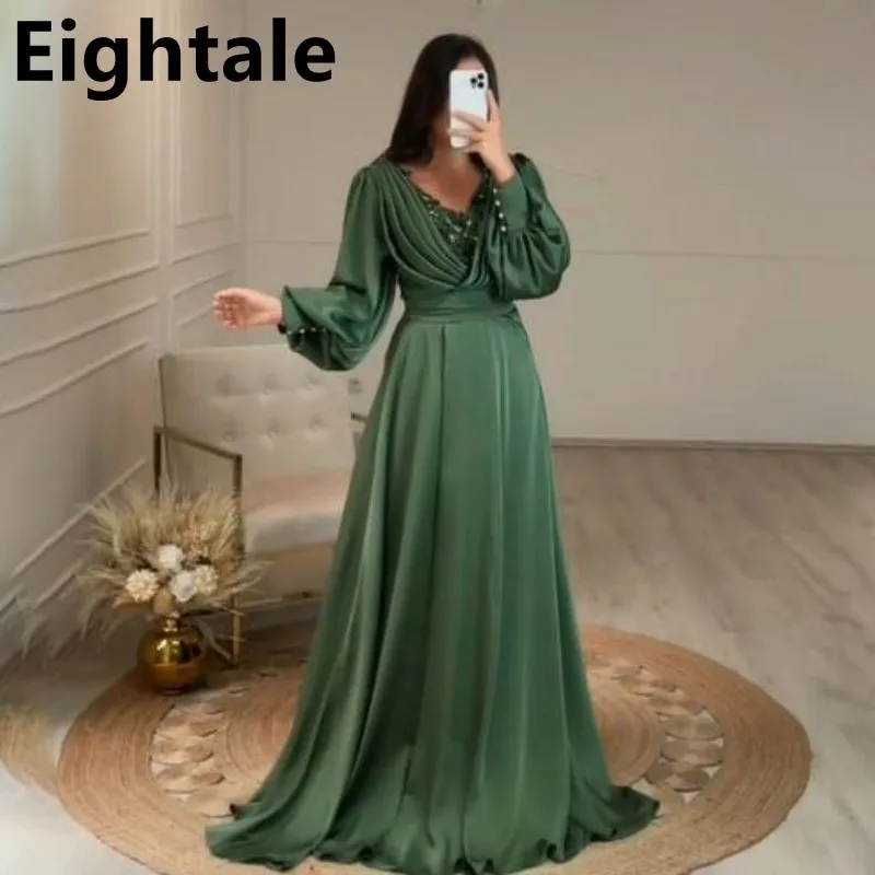 Army Green Arabic Evening Dress For Wedding Party 2022 Appliques Beads Long Puff Sleeve V Neck Prom Dress Formal Party Gown