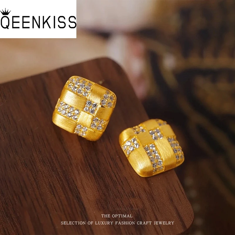 

QEENKISS Gold Square Stud Earrings For Women Female Wedding Party Birthday Christmas Bride Mother Girlfriend Ladies Gifts EG5494