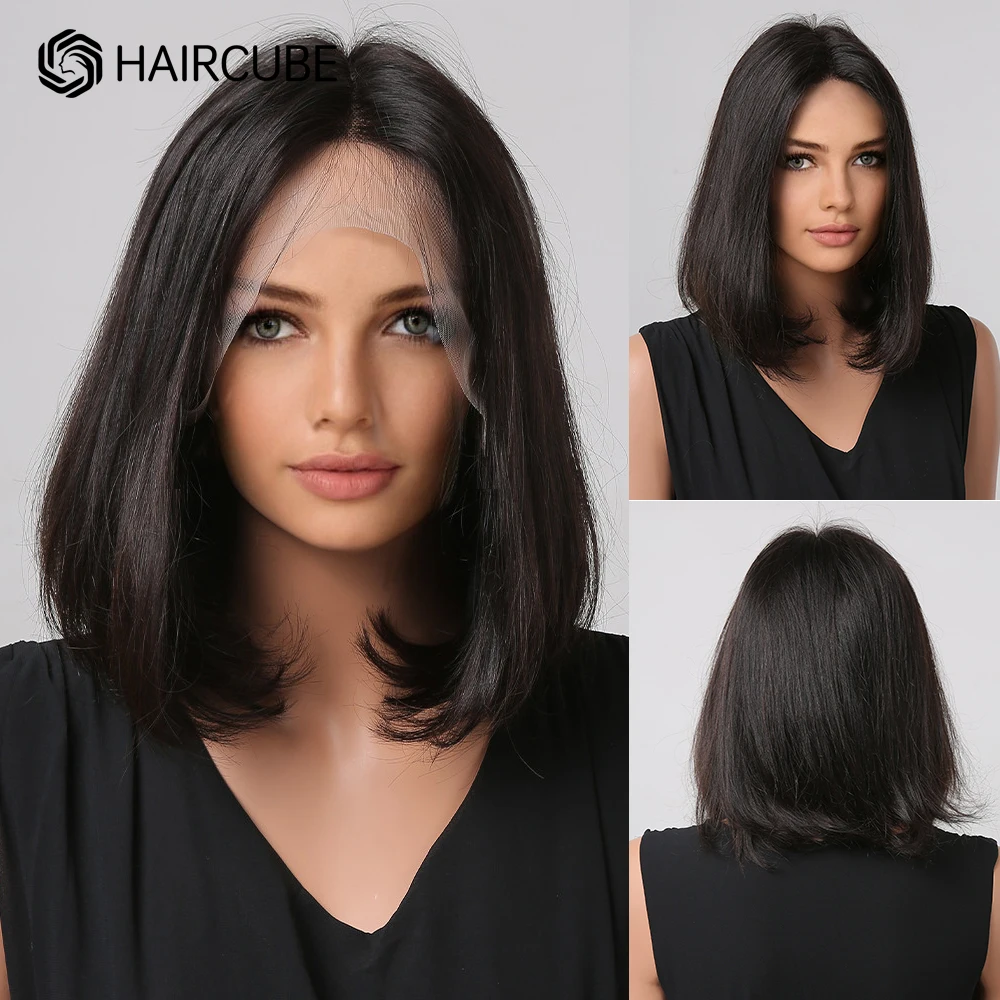 HAIRCUBE Short Bob Wig Natural Human Hair Lace Wigs Straight Remy Hair Wigs for Women 13*1 T Part Lace Frontal Wig Human Hair