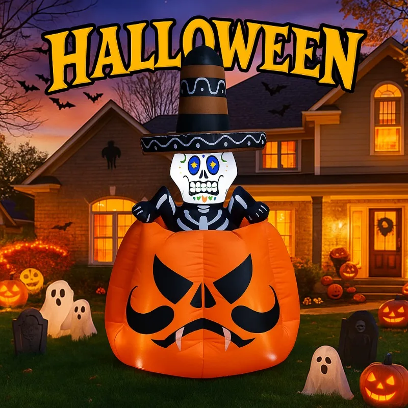 Juguete inflable de Halloween de 6,8 pies, esqueleto animado para hombre en la calabaza, inflable con LED integrados, decoración de jardín y patio al aire libre