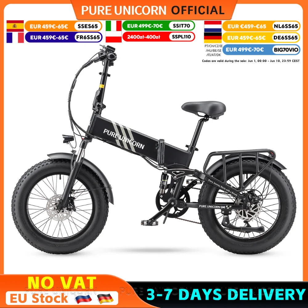 Vélo électrique PURE UNICORN U4 à pneus larges, 48V 1000W 15Ah, vélo électrique pliable pour adultes, Fatbike pas cher, vélo électrique pliable