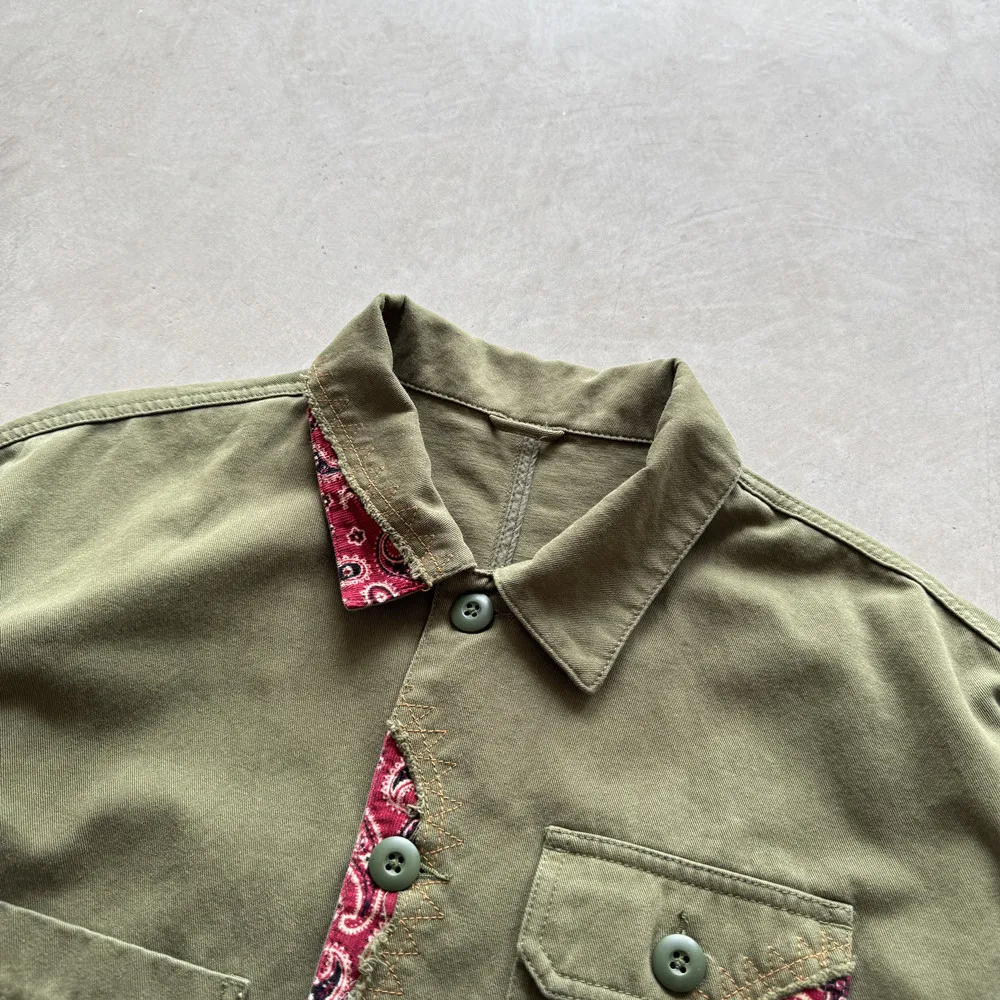 American Retro Paisley Patchwork Multi-Pocket Workwear Jacket Lapel Collar 100% Cotton Casual Outdoor Safari Coat for Men