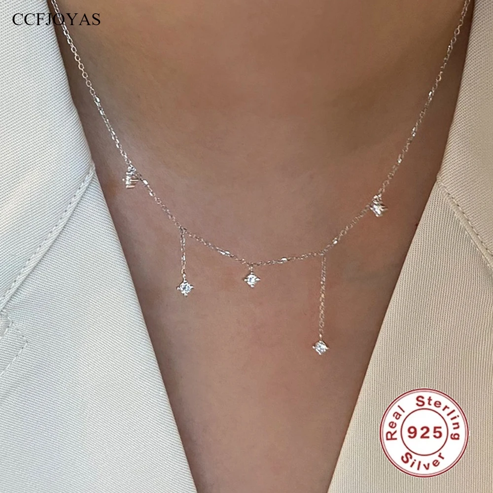 CCFJOYAS 925 Sterling Silver Galaxy Zircon Tassel Pendant Necklace for Women Summer Exquisite Cool Feeling Clavicle Chain Gift