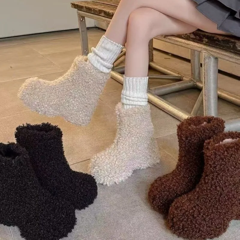 Damen Plüsch Warme Schneestiefel Winter Neue Runde Zehenärmel Plattform Rutschfeste Blockabsatz Baumwollschuhe