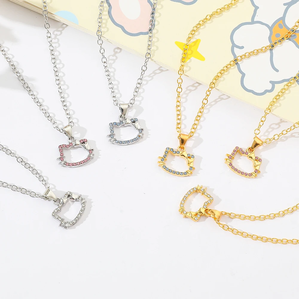 

6pcs Hello Kitty Necklace Set Cartoon Rhinestone Hollow Head Portrait Pendants Luxury Jewelry Accessory for Girls