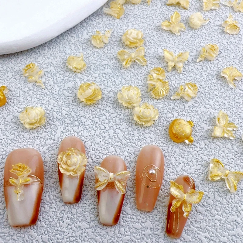 3D Gold Glitter Butterfly Bow Nail Art, Flower Charms, Acessórios para Manicure Decor, Nails Decoration, Supplies Material, 30pcs