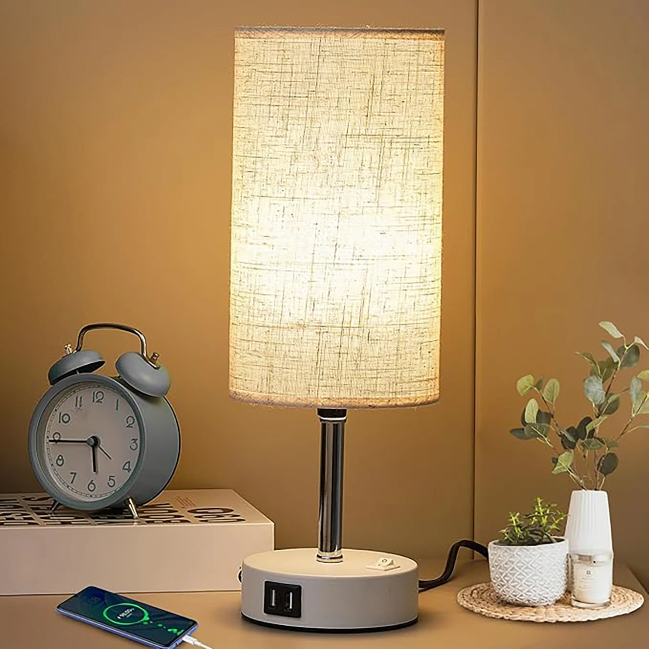 

Nice E27 Bulb Desk Lamp With USB Port Circular Linen Lampshade Suitable For Bedroom Bedside Table Decoration Light Without Bulb