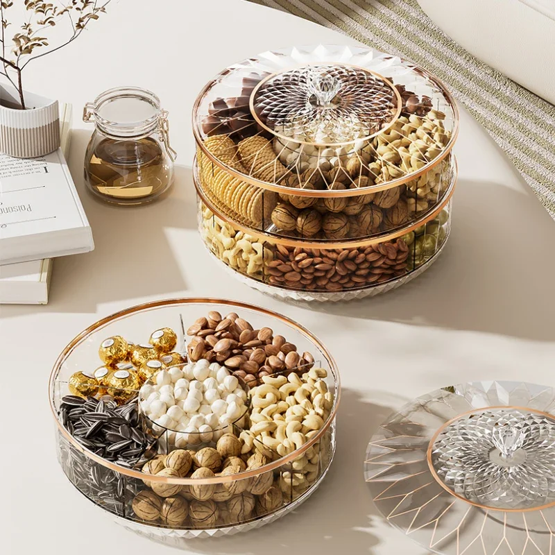 Round rotating snack tray with lid clear plastic storage box dividers dry fruit serving tray