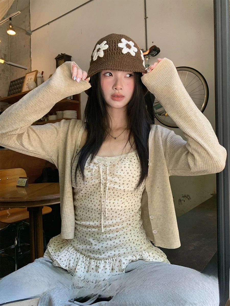 

usansan Women's Thin Floral Print Open Cardigan Top And Bot Set Casual Sle Knitted Outerwear Long Sve V Ne Slim Fit