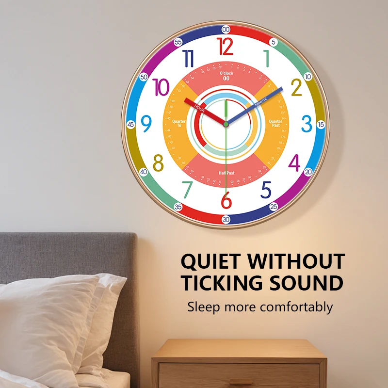 Kids Time Learning Wall Clock Color Dial Quarter Half Hour Mark Silent Quartz Clock Decor For Bedroom Classroom Education Gift