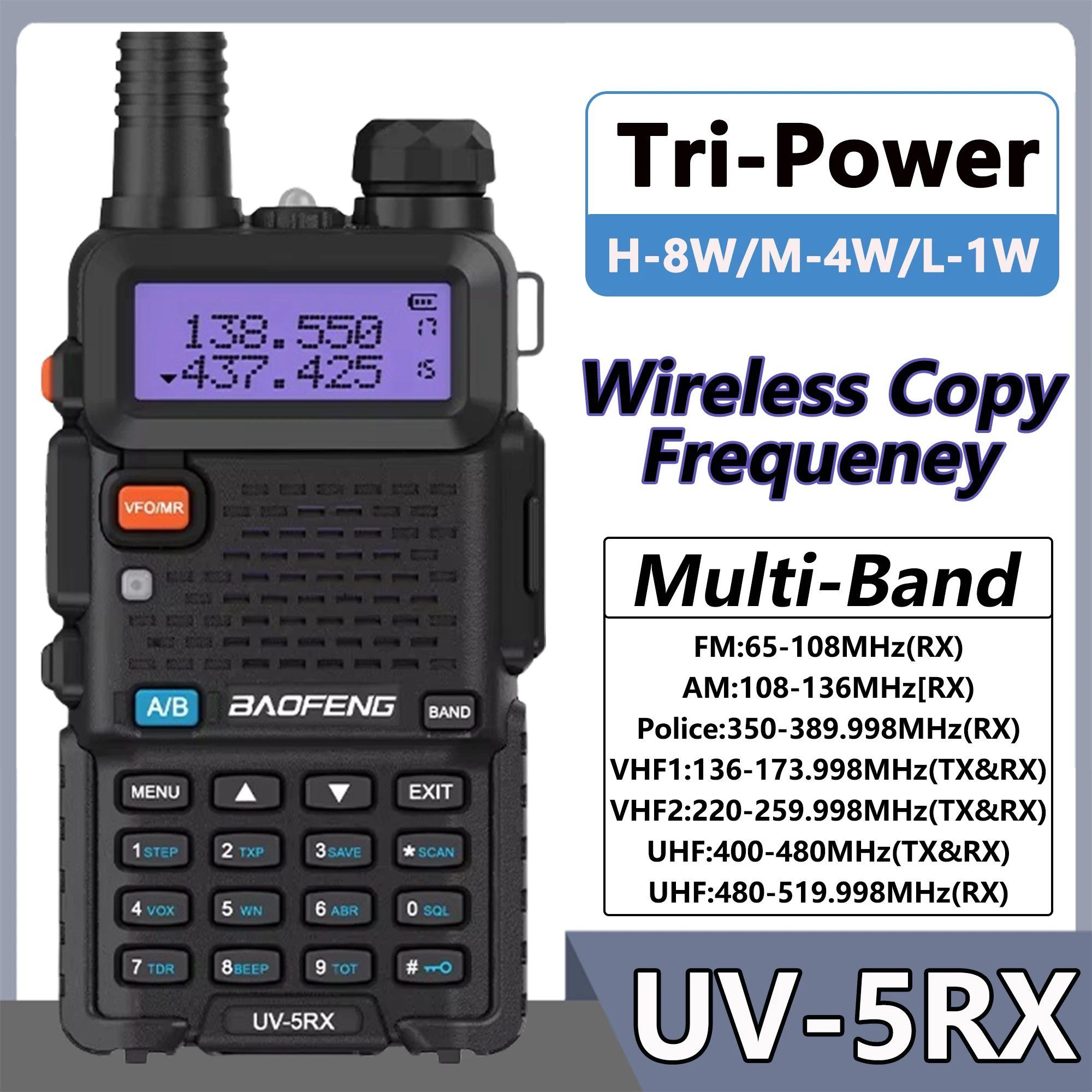 宝峰uv-5rx-vhf-uhf-m-5r無線機-8ワット-3800mah-am-ワイヤレスコピー-長距離無線機-充電式双方向無線機