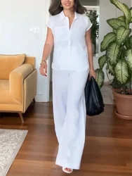 2Pcs Set Ladies Sleeveless Shirt Top + Long Pants Suit Women's Single Breasted Pocket Lapel Top Solid White 2 Piece Set Outfits