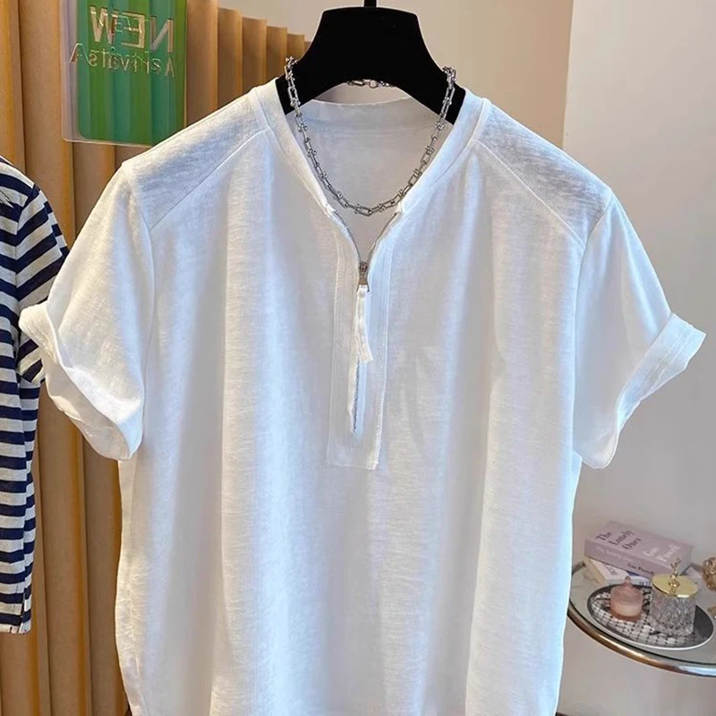 

2026 New Women'S Crew Neck Half Zip Short Sleeve T-Shirt Loose Casual Split Hem Lightweight Base Layer Thin Solid Summer Tops