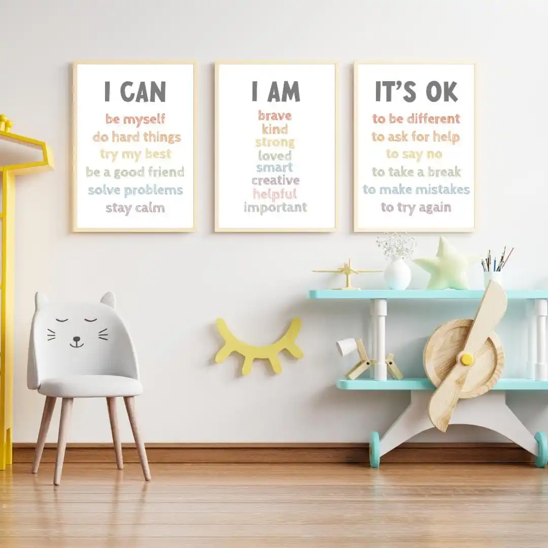 3pcs Minimalist Colorful Inspirational Quote Posters“IT’S OK I AM I CAN” – Positive Energy Canvas for Home Children's Room Decor