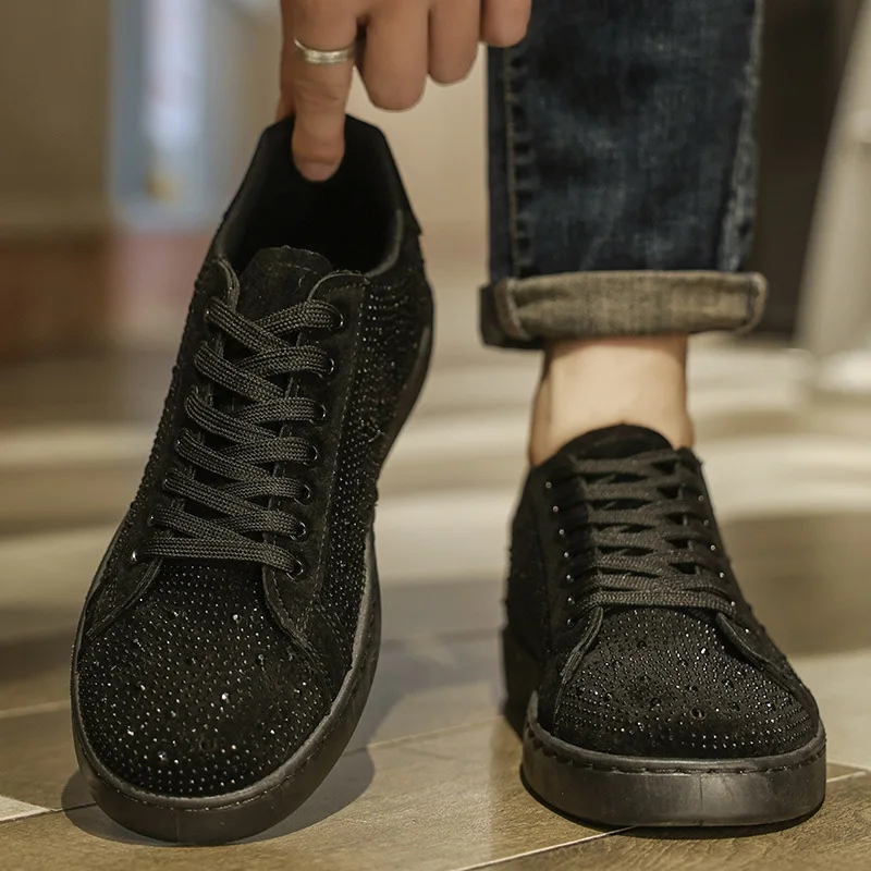 

New Arrival Men's Black Bling Rhinestone Sneakers Casual Low Top Crystal Sparkle Shoes Fashion Party Night Comfortable Non-Slip