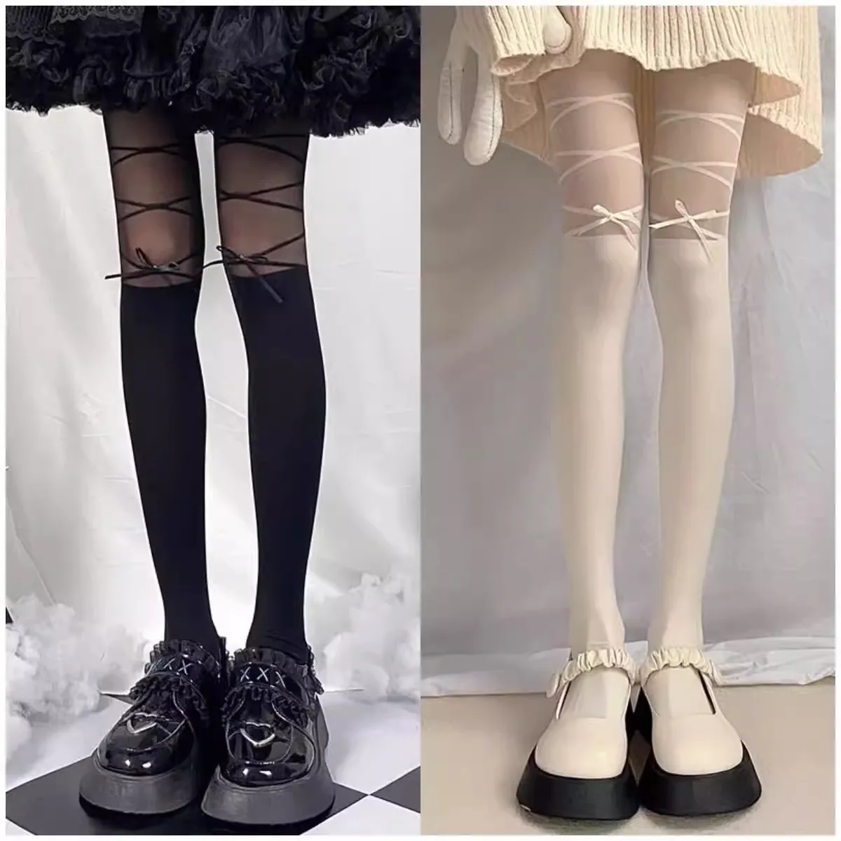 Sweet Ballet Dance Pantyhose Stocking for Women Girls Cute Crisscross Bowknot Patterned Ultra-Thin Sheer Tights Stockings Tights