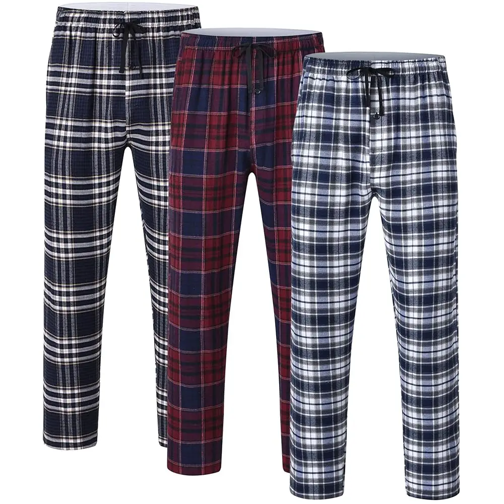3Pcs Men's Plaid Pajama Sleeping Pants, Plaid Print Long Pajama Pants Sleepwear Set with Elastic Waist for Homewear